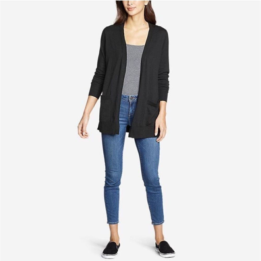 Eddie Bauer Christine Boyfriend Cardigan Dark Gray Open Front Knit Sweater